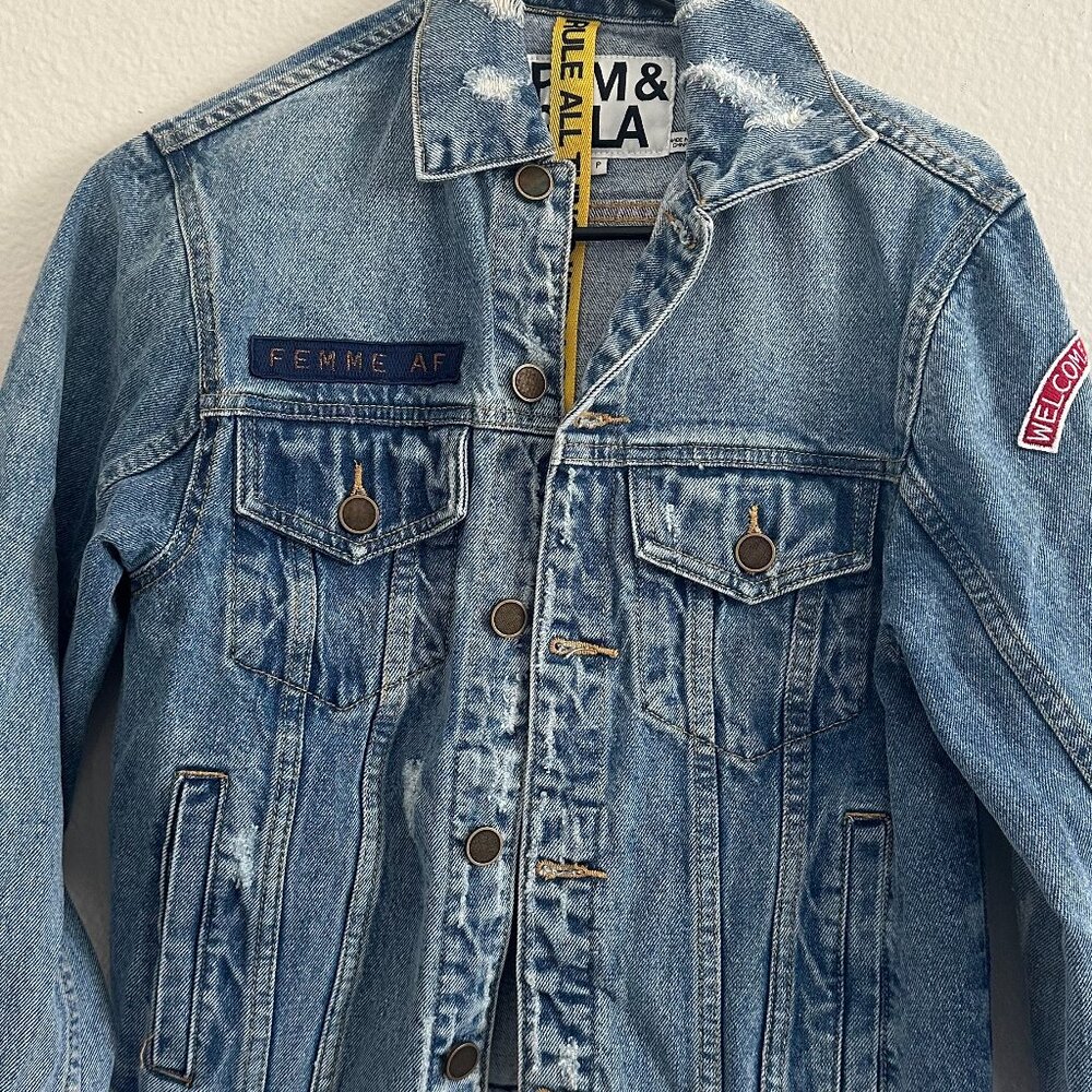 Pam & Gela Distressed Denim Patch Jacket